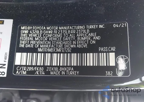 2021 Toyota C-Hr Xle из США, поврежденный, VIN NMTKHMBX3MR127202